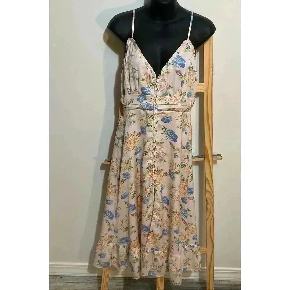 Forever 21 floral dress thin strap w/slit in front pink maxi dress size medium